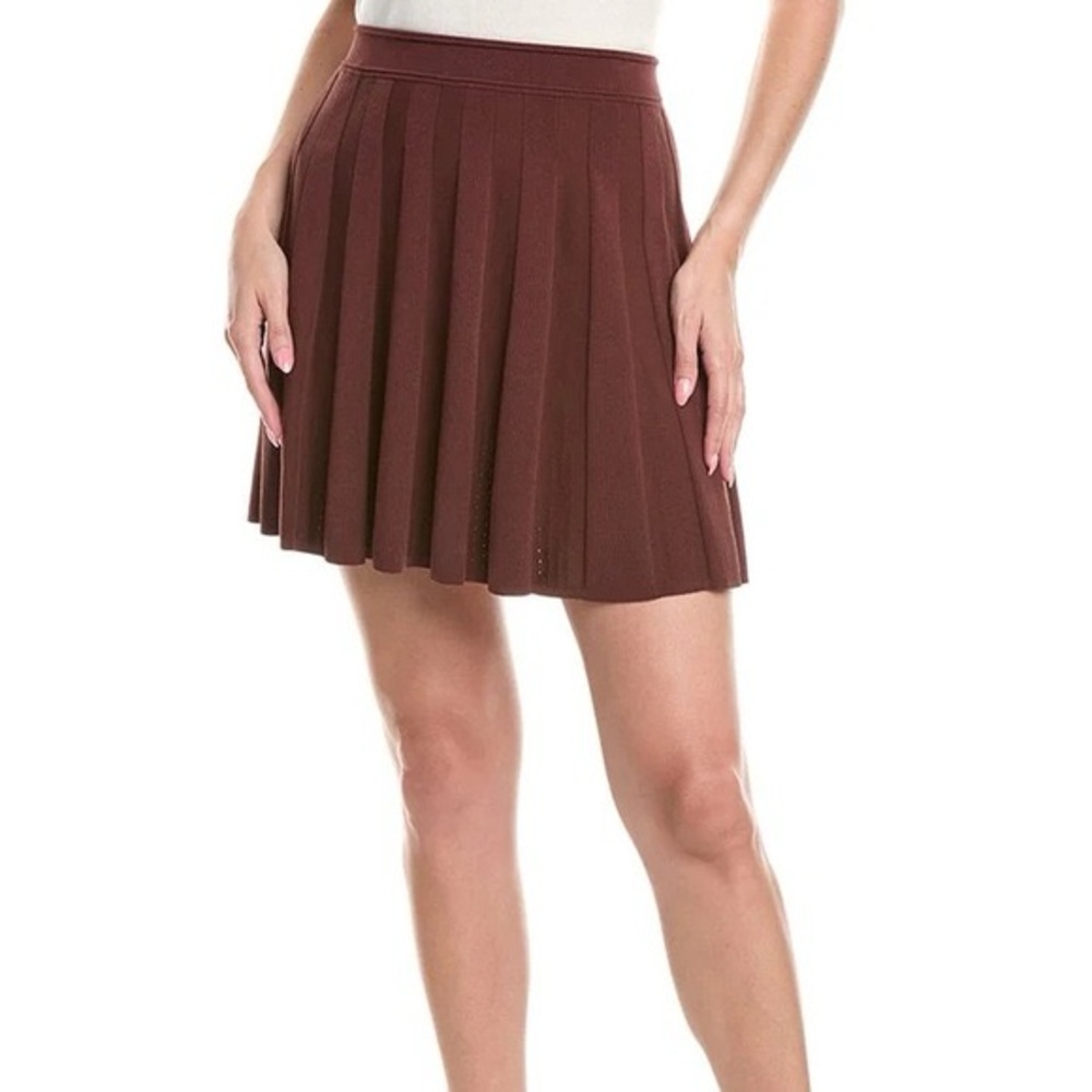Sandro. Pleated Ribbed-Knit Mini Skater Skirt. Brown. Size small.
